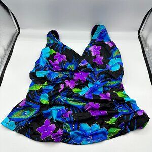 Womens Swim Top Straps Longitude Size M Floral Blue Purple Ruffle Slimming